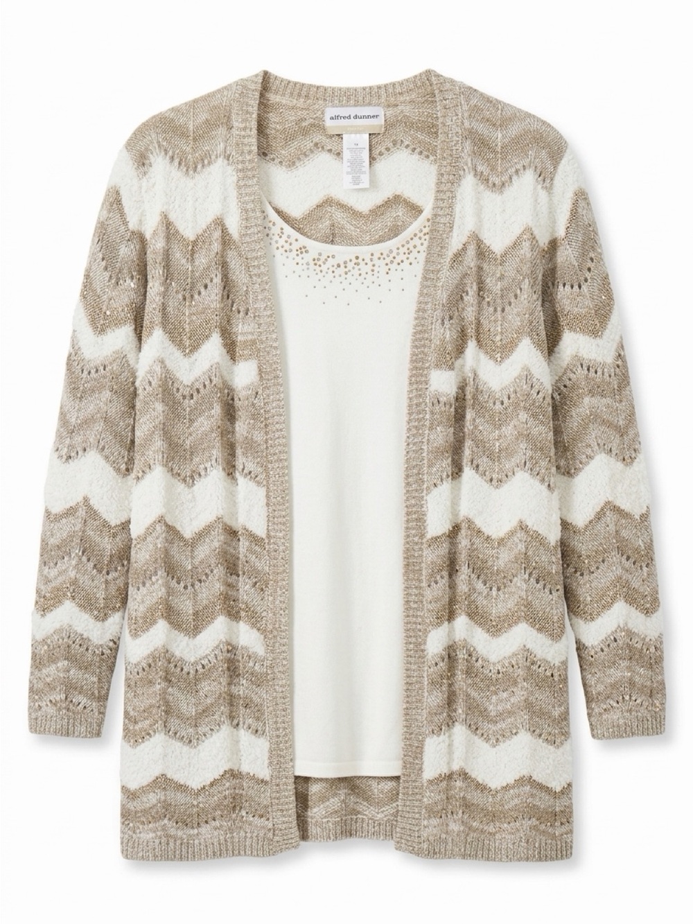 Alfred Dunner Taupe & Cream Chevron Open-Front Cardigan Size 1x